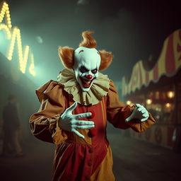 A creepy clown with a pale white face, dark hollow eyes, and a wide, sinister grin, dressed in a tattered, colorful costume