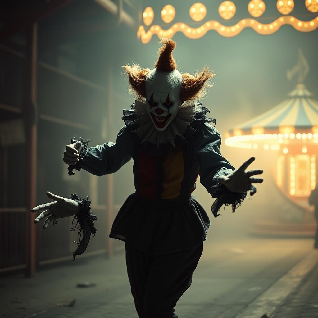A creepy clown with a pale white face, dark hollow eyes, and a wide, sinister grin, dressed in a tattered, colorful costume