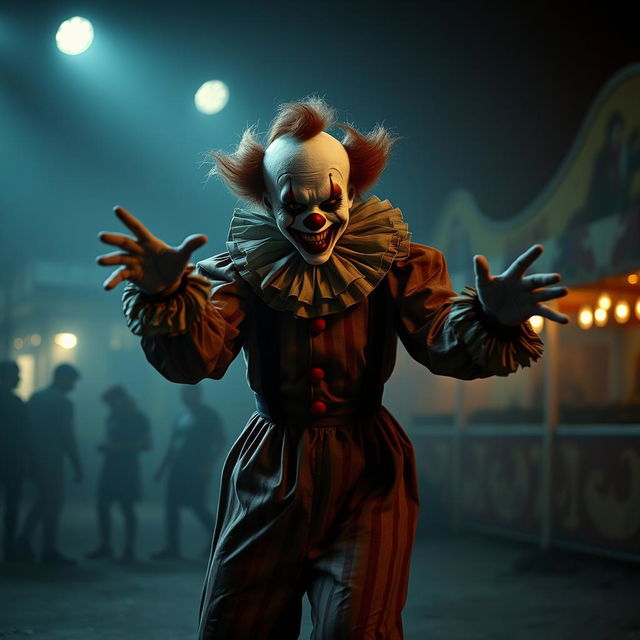 A creepy clown with a pale white face, dark hollow eyes, and a wide, sinister grin, dressed in a tattered, colorful costume