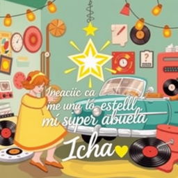 A vibrant and heartwarming illustration depicting a retro-style scene from the 1950s, featuring a dazzling star symbolizing the grandma named Icha