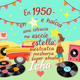 A vibrant and heartwarming illustration depicting a retro-style scene from the 1950s, featuring a dazzling star symbolizing the grandma named Icha