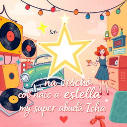 A vibrant and heartwarming illustration depicting a retro-style scene from the 1950s, featuring a dazzling star symbolizing the grandma named Icha