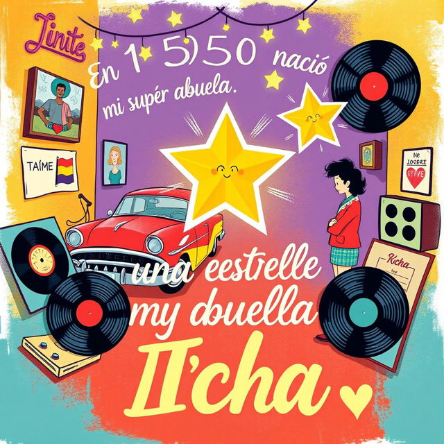 A vibrant and heartwarming illustration depicting a retro-style scene from the 1950s, featuring a dazzling star symbolizing the grandma named Icha