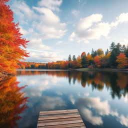 A serene autumn landscape featuring a tranquil lake surrounded by trees with vibrant red, orange, and yellow leaves reflecting on the water's surface