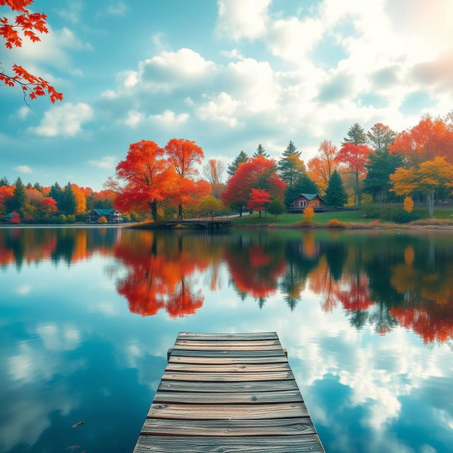 A serene autumn landscape featuring a tranquil lake surrounded by trees with vibrant red, orange, and yellow leaves reflecting on the water's surface