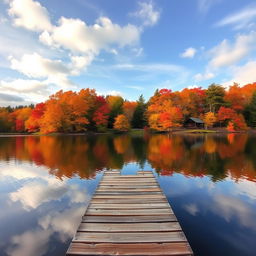 A serene autumn landscape featuring a tranquil lake surrounded by trees with vibrant red, orange, and yellow leaves reflecting on the water's surface
