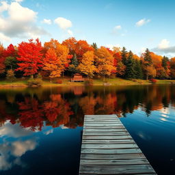 A serene autumn landscape featuring a tranquil lake surrounded by trees with vibrant red, orange, and yellow leaves reflecting on the water's surface