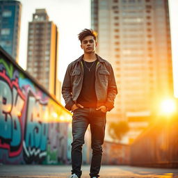 A vibrant and stunning portrait of a person standing confidently in a fashionable urban setting, illuminated by the warm glow of sunset