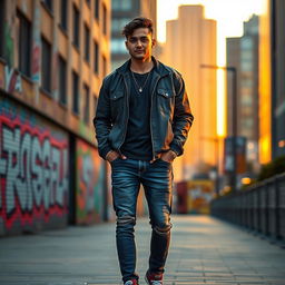 A vibrant and stunning portrait of a person standing confidently in a fashionable urban setting, illuminated by the warm glow of sunset