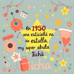 A charming and colorful illustration highlighting a bright star representing the super grandma named Icha, born in 1950