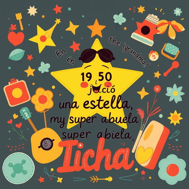 A charming and colorful illustration highlighting a bright star representing the super grandma named Icha, born in 1950