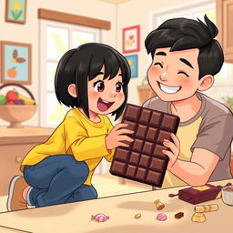 A charming scene where a young child, around 6 years old, with straight black hair and wearing a bright yellow shirt, excitedly receives a large, shiny brick of chocolate from a smiling adult, possibly a parent