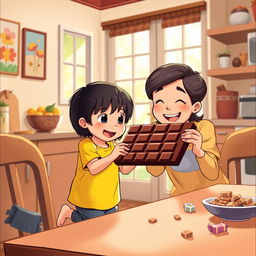 A charming scene where a young child, around 6 years old, with straight black hair and wearing a bright yellow shirt, excitedly receives a large, shiny brick of chocolate from a smiling adult, possibly a parent