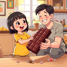 A charming scene where a young child, around 6 years old, with straight black hair and wearing a bright yellow shirt, excitedly receives a large, shiny brick of chocolate from a smiling adult, possibly a parent