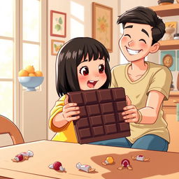 A charming scene where a young child, around 6 years old, with straight black hair and wearing a bright yellow shirt, excitedly receives a large, shiny brick of chocolate from a smiling adult, possibly a parent