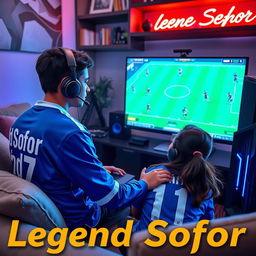 A teenage boy wearing a blue jersey with 'Md Sofor' and number '7' sits in a cozy, stylish room, deeply focused on playing eFootball on his sleek gaming PC, adorned with RGB lighting