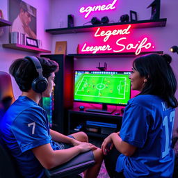 A teenage boy wearing a blue jersey with 'Md Sofor' and number '7' sits in a cozy, stylish room, deeply focused on playing eFootball on his sleek gaming PC, adorned with RGB lighting