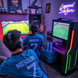 A teenage boy wearing a blue jersey with 'Md Sofor' and number '7' sits in a cozy, stylish room, deeply focused on playing eFootball on his sleek gaming PC, adorned with RGB lighting