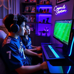 A teenage boy wearing a blue jersey with 'Md Sofor' and number '7' sits in a cozy, stylish room, deeply focused on playing eFootball on his sleek gaming PC, adorned with RGB lighting