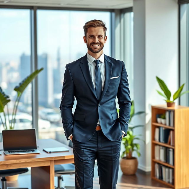 A successful man standing confidently in a sleek modern office, dressed in a tailored navy suit with a crisp white shirt and a stylish tie