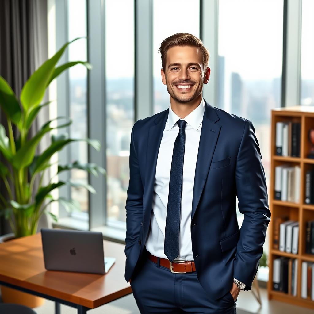 A successful man standing confidently in a sleek modern office, dressed in a tailored navy suit with a crisp white shirt and a stylish tie