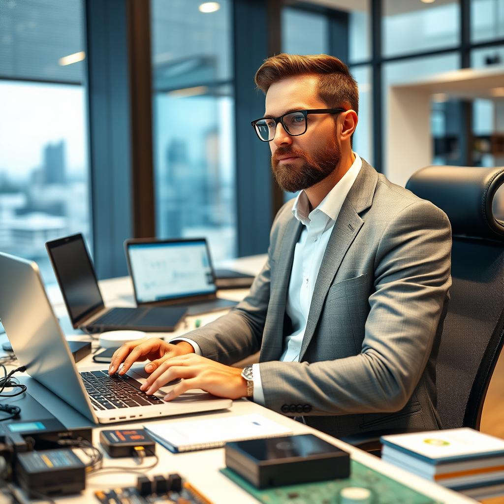 A gentleman computer engineer, dressed smartly in a tailored suit, sitting at a sleek modern desk filled with high-tech gadgets and laptops