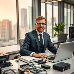 A gentleman computer engineer, dressed smartly in a tailored suit, sitting at a sleek modern desk filled with high-tech gadgets and laptops