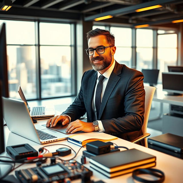 A gentleman computer engineer, dressed smartly in a tailored suit, sitting at a sleek modern desk filled with high-tech gadgets and laptops