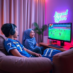 A teenage boy wearing a blue jersey with 'Md Sofor' and number '7' sits comfortably in a cozy room, intensely playing eFootball on his gaming PC, complete with a stylish gaming headset
