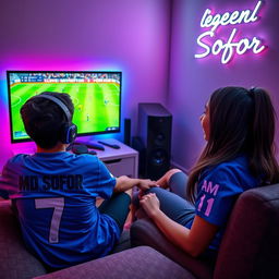 A teenage boy wearing a blue jersey with 'Md Sofor' and number '7' sits comfortably in a cozy room, intensely playing eFootball on his gaming PC, complete with a stylish gaming headset