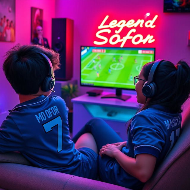 A teenage boy wearing a blue jersey with 'Md Sofor' and number '7' sits comfortably in a cozy room, intensely playing eFootball on his gaming PC, complete with a stylish gaming headset