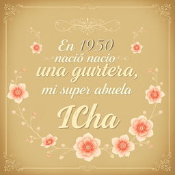 A heartfelt and warm design featuring an elegant vintage background, with the phrase in beautiful typography: "En 1950 nació una guerrera, mi super abuela ICHA" prominently displayed