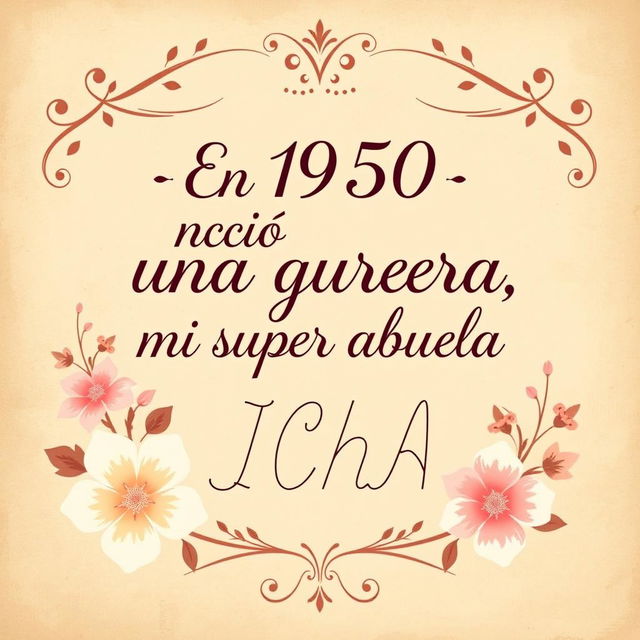 A heartfelt and warm design featuring an elegant vintage background, with the phrase in beautiful typography: "En 1950 nació una guerrera, mi super abuela ICHA" prominently displayed