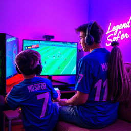 A teenage boy dressed in a vibrant blue jersey emblazoned with 'Md Sofor' and the number '7' is comfortably seated in a cozy room, fully absorbed in playing eFootball on his powerful gaming PC, wearing an advanced gaming headset