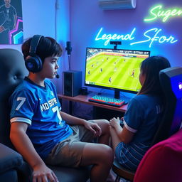 A teenage boy dressed in a vibrant blue jersey emblazoned with 'Md Sofor' and the number '7' is comfortably seated in a cozy room, fully absorbed in playing eFootball on his powerful gaming PC, wearing an advanced gaming headset