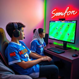A teenage boy dressed in a vibrant blue jersey emblazoned with 'Md Sofor' and the number '7' is comfortably seated in a cozy room, fully absorbed in playing eFootball on his powerful gaming PC, wearing an advanced gaming headset