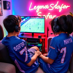 A teenage boy dressed in a vibrant blue jersey emblazoned with 'Md Sofor' and the number '7' is comfortably seated in a cozy room, fully absorbed in playing eFootball on his powerful gaming PC, wearing an advanced gaming headset