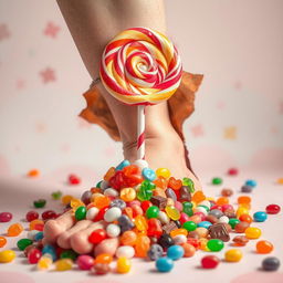 A surreal and imaginative scene featuring a leg that is torn open, revealing a vibrant assortment of candy in many colors spilling out