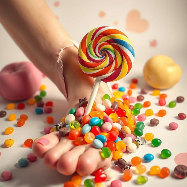 A surreal and imaginative scene featuring a leg that is torn open, revealing a vibrant assortment of candy in many colors spilling out