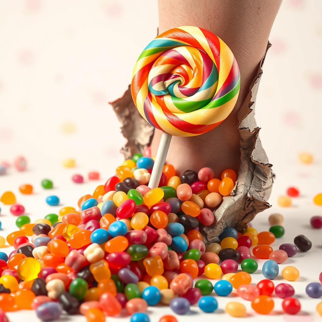 A surreal and imaginative scene featuring a leg that is torn open, revealing a vibrant assortment of candy in many colors spilling out