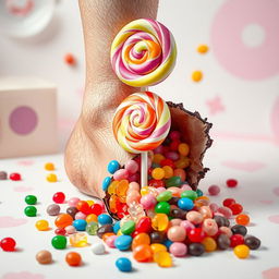 A surreal and imaginative scene featuring a leg that is torn open, revealing a vibrant assortment of candy in many colors spilling out