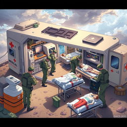 A highly detailed illustration of a modern medical unit for the army, featuring a mobile field hospital with advanced medical equipment, soldiers in military uniforms collaborating with medical professionals, triage areas with patients receiving care, all set in a dynamic outdoor environment