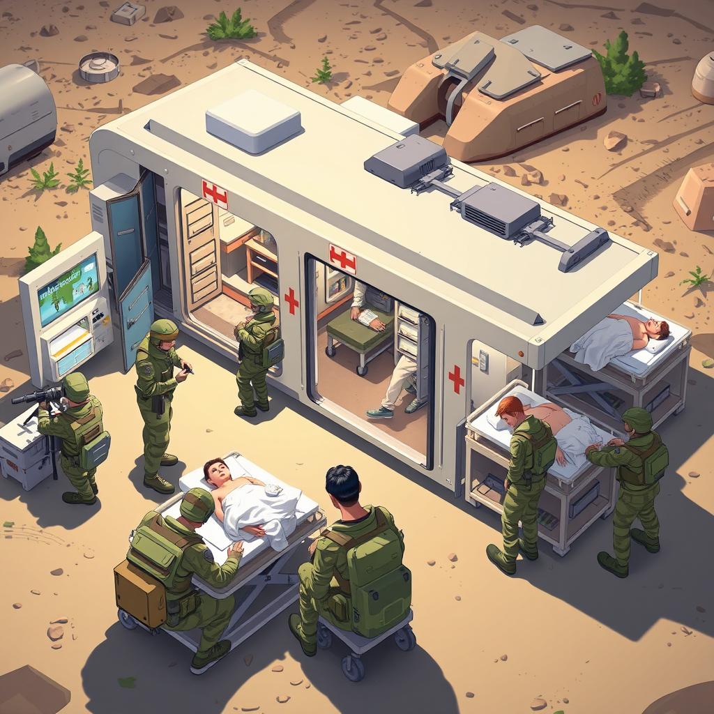 A highly detailed illustration of a modern medical unit for the army, featuring a mobile field hospital with advanced medical equipment, soldiers in military uniforms collaborating with medical professionals, triage areas with patients receiving care, all set in a dynamic outdoor environment