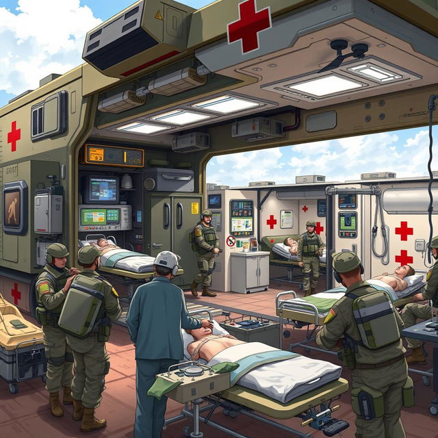 A highly detailed illustration of a modern medical unit for the army, featuring a mobile field hospital with advanced medical equipment, soldiers in military uniforms collaborating with medical professionals, triage areas with patients receiving care, all set in a dynamic outdoor environment