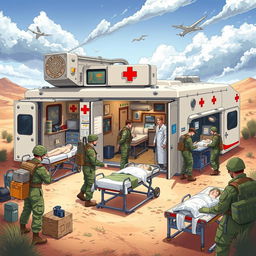 A highly detailed illustration of a modern medical unit for the army, featuring a mobile field hospital with advanced medical equipment, soldiers in military uniforms collaborating with medical professionals, triage areas with patients receiving care, all set in a dynamic outdoor environment