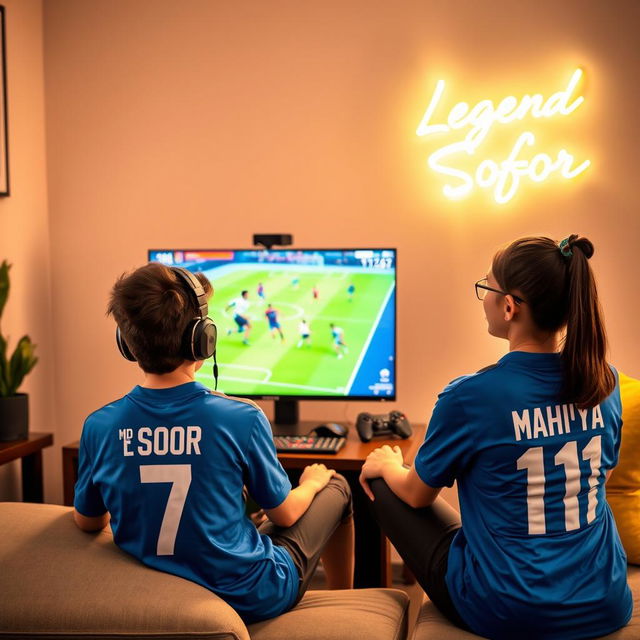 A teenage boy clad in a blue jersey featuring 'Md Sofor' and the number '7' is comfortably seated in a warm, inviting room, fully immersed in playing eFootball on his high-end gaming PC, equipped with a sleek gaming headset