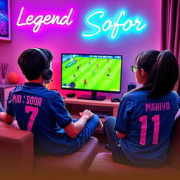 A teenage boy clad in a blue jersey featuring 'Md Sofor' and the number '7' is comfortably seated in a warm, inviting room, fully immersed in playing eFootball on his high-end gaming PC, equipped with a sleek gaming headset