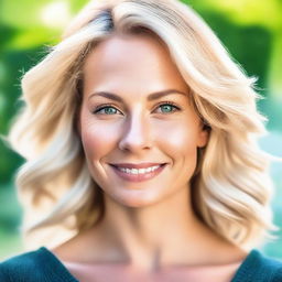 This is a high-quality digital art image of a naturally beautiful blonde woman in her 30s