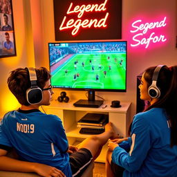 A teenage boy clad in a blue jersey featuring 'Md Sofor' and the number '7' is comfortably seated in a warm, inviting room, fully immersed in playing eFootball on his high-end gaming PC, equipped with a sleek gaming headset