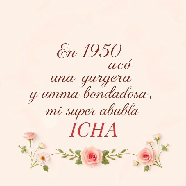 A heartfelt tribute image featuring the phrase in elegant, flowing script: 'En 1950 nació una guerrera y una alma bondadosa, mi super abuela ICHA'